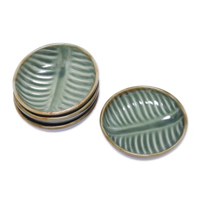 Ceramic condiment bowls, 'Banana Vibes' (set of 4) - Ceramic Banana Leaf Condiment Bowls (Set of 4)