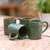 Ceramic mugs, 'Banana Vibes' (set of 4) - Green Wavy Wall Brown Rim Ceramic Mugs from Bali (Set of 4)