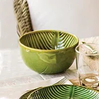 Ceramic serving bowl, 'Banana Vibes' (7 inch) - Ceramic Banana Leaf Serving Bowl from Bali (7 Inch)