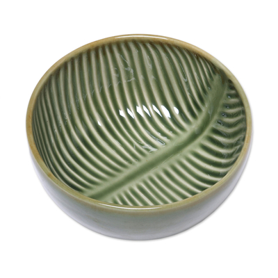 Ceramic serving bowl, 'Banana Vibes' (7 inch) - Ceramic Banana Leaf Serving Bowl from Bali (7 Inch)