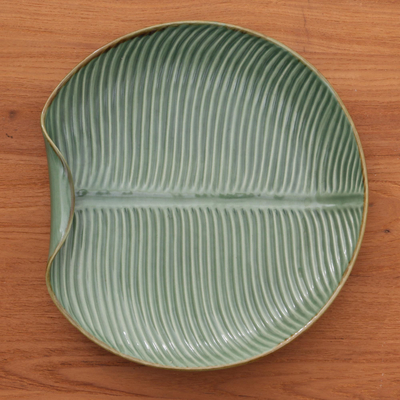 Ceramic serving plate, 'Banana Vibes' - Ceramic Banana Leaf Serving Plate from Bali