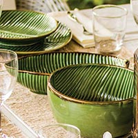 Ceramic serving bowl, 'Banana Vibes' (11 inch) - Ceramic Banana Leaf Serving Bowl from Bali (11 Inch)