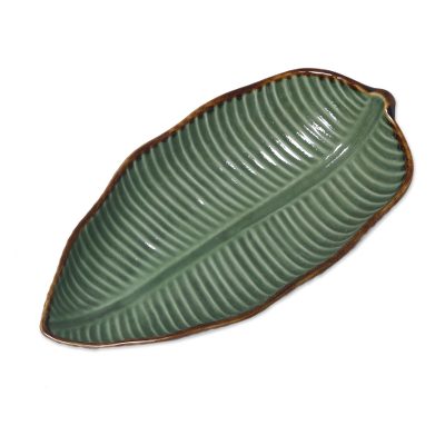 Ceramic serving bowl, 'Banana Vibes' (11 inch) - Ceramic Banana Leaf Serving Bowl from Bali (11 Inch)