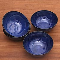 Blue Ceramic Soup or Cereal Bowls (Set of 4) from Bali,'Blue Delicious'