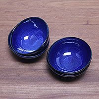 Small Ceramic Bowls with Grey and Blue Glaze (Pair) - Medewi Bay