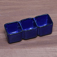 Ceramic appetizer dish, 'Indigo Party' - Handcrafted Blue Ceramic Serving Bowl from Bali