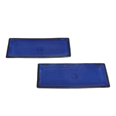 Ceramic platters, 'Bright Day' (pair) - Pair of Blue Ceramic Platters from Indonesia