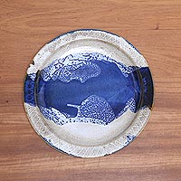Blue and White Ceramic Platter Crafted in Indonesia,'Ocean Tide'