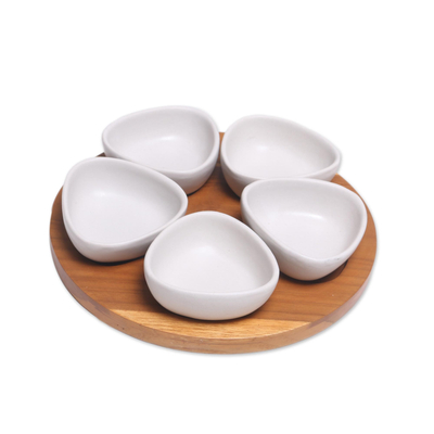 Ceramic appetizer set, 'Snowy Petals' (6 pieces) - Appetizer Set with Five White Ceramic Bowls and a Tray