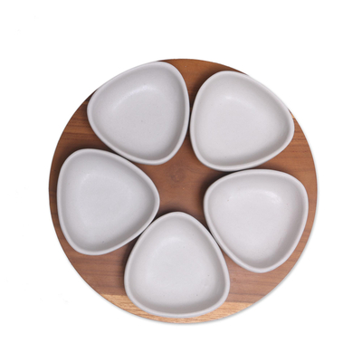 Ceramic appetizer set, 'Snowy Petals' (6 pieces) - Appetizer Set with Five White Ceramic Bowls and a Tray