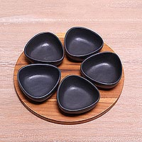 Ceramic appetizer set, 'Charcoal Petals' (set of 5) - Appetizer Set with Five Black Serving Bowls and a Tray