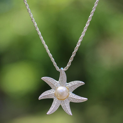 Cultured pearl pendant necklace, 'Galang Starfish in White' - Cultured Pearl Starfish Necklace in White from Bali