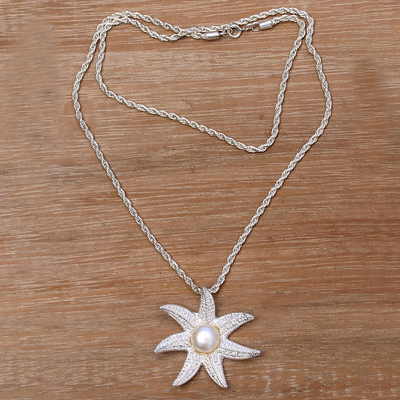 Cultured pearl pendant necklace, 'Galang Starfish in White' - Cultured Pearl Starfish Necklace in White from Bali
