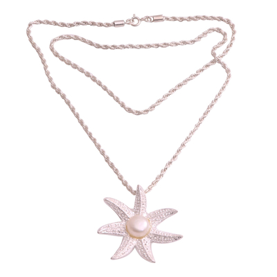 Cultured pearl pendant necklace, 'Galang Starfish in White' - Cultured Pearl Starfish Necklace in White from Bali
