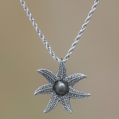 Cultured pearl pendant necklace, 'Galang Starfish in Black' - Cultured Pearl Starfish Necklace in Black from Bali