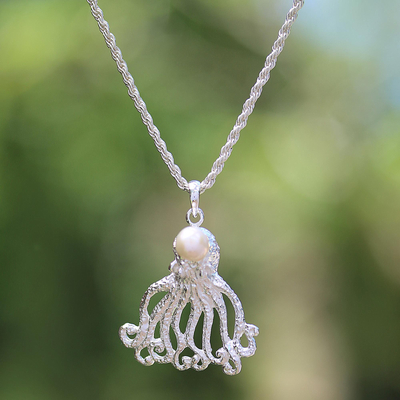 Cultured pearl pendant necklace, 'Gurita Reef' - Cultured Pearl Octopus Pendant Necklace Crafted in Bali