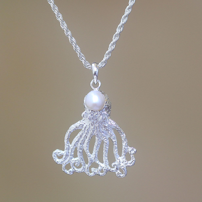 Cultured pearl pendant necklace, 'Gurita Reef' - Cultured Pearl Octopus Pendant Necklace Crafted in Bali