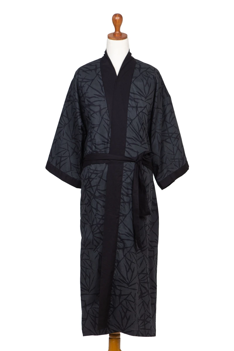 Mamoo Robe Bamboo Motif Cotton Robe in Grey from Bali - Night Bamboo | NOVICA
