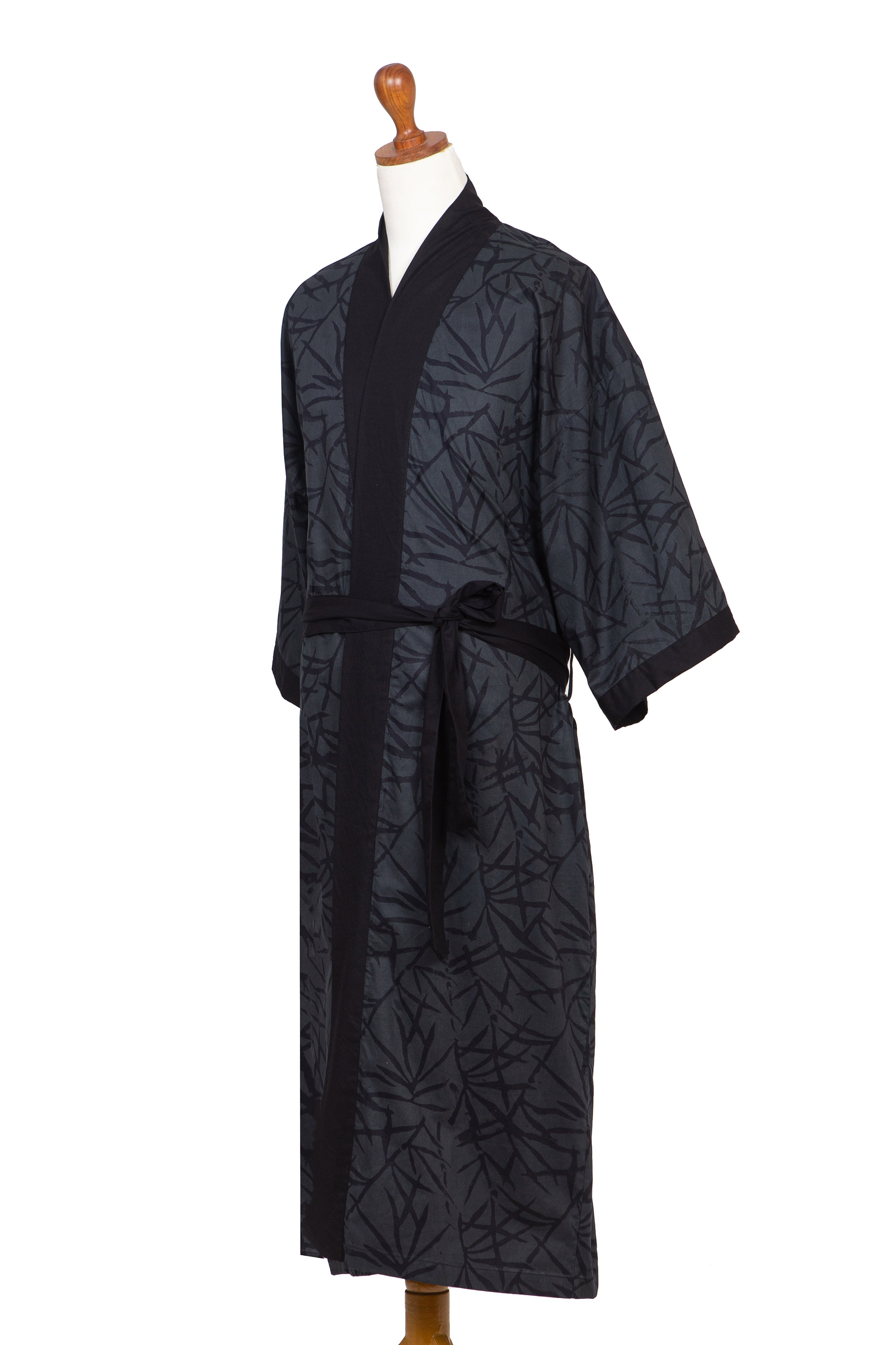 Bamboo Motif Cotton Robe in Grey from Bali - Night Bamboo | NOVICA