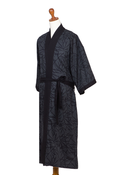 Cotton robe, 'Night Bamboo' - Bamboo Motif Cotton Robe in Grey from Bali