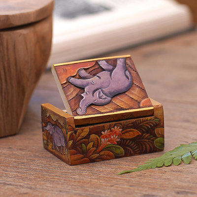 Wood mini jewelry box, 'Sumatran Elephant' - Elephant-Themed Wood Mini Jewelry Box from Bali