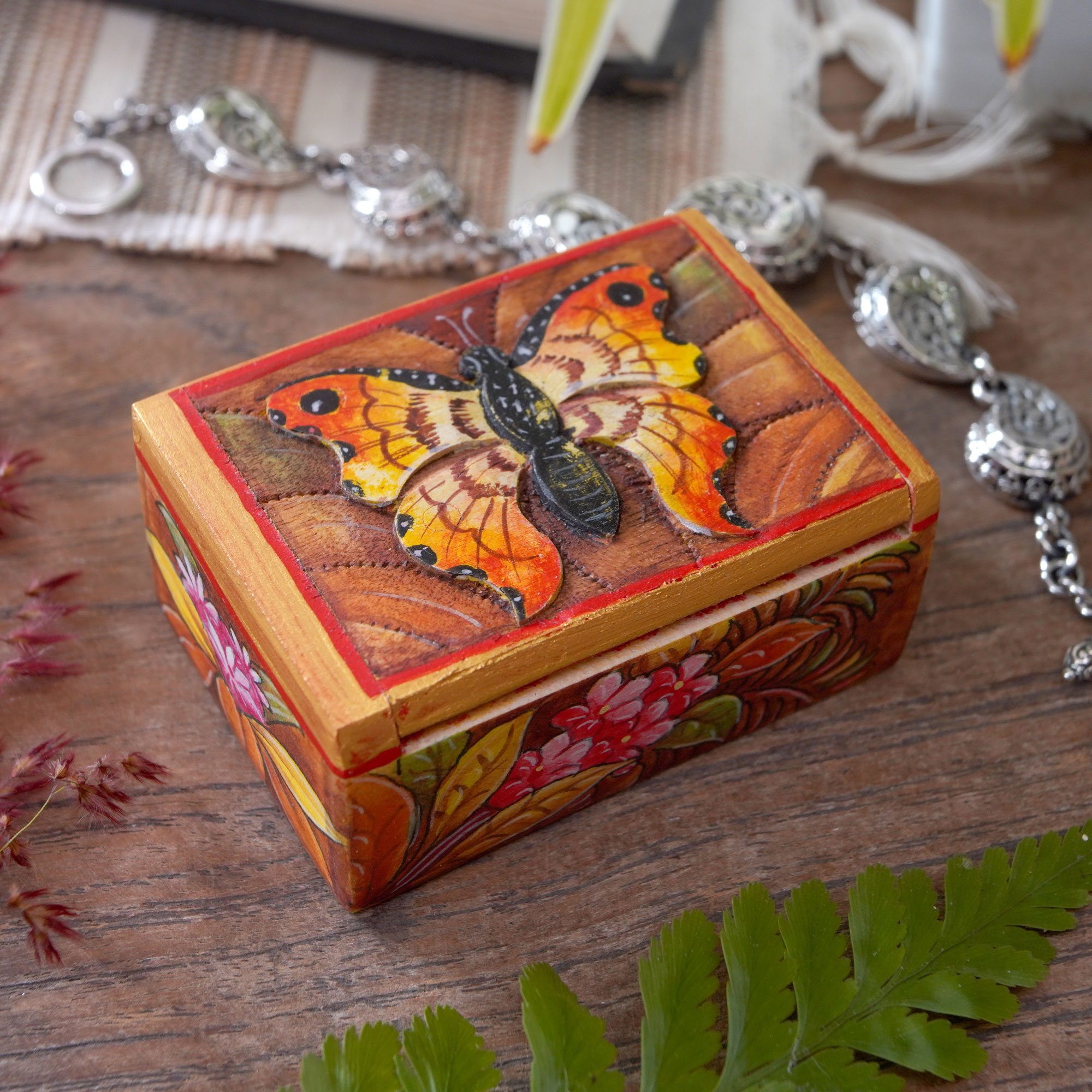 Hand Painted Mini Jewelry Box with Butterfly Motif - Butterfly