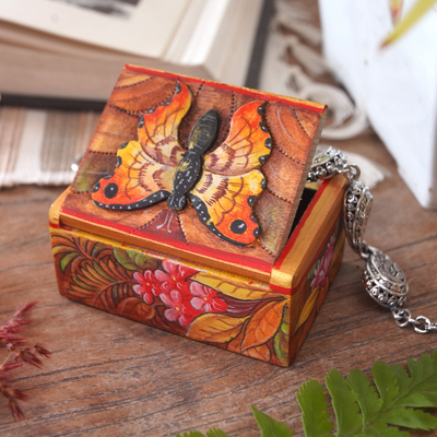 Wood mini Jewellery box, 'Butterfly Paradise' - Hand Painted Mini Jewellery Box with Butterfly Motif