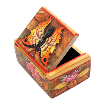 Wood mini jewelry box, 'Butterfly Paradise' - Hand Painted Mini Jewelry Box with Butterfly Motif