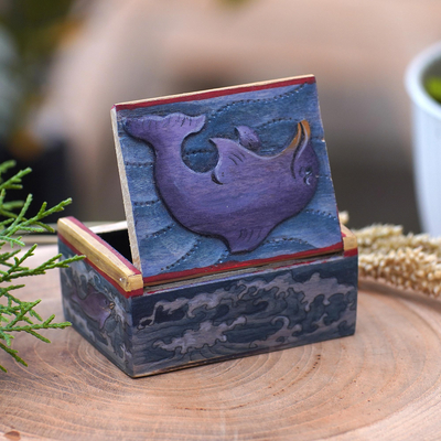 Wood mini Jewellery box, 'Lovina Dolphin' - Dolphin-Themed Wood Mini Jewellery Box from Bali