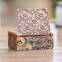 Wood mini jewelry box, 'Floral Array'