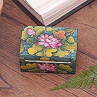 Wood mini jewelry box, 'Lily Pond'