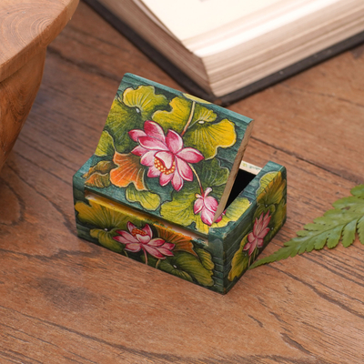 Wood mini Jewellery box, 'Lily Pond' - Handcrafted Mini Jewellery Box with Floral Motif
