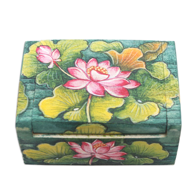 Wood mini Jewellery box, 'Lily Pond' - Handcrafted Mini Jewellery Box with Floral Motif