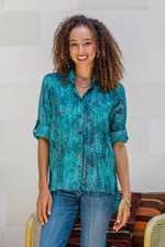 Batik rayon hi-low blouse, 'Green Glyphs' - Rayon Batik Long Sleeve Green-Blue Hi-Low Button Blouse