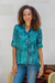 Batik rayon hi-low blouse, 'Green Glyphs' - Rayon Batik Long Sleeve Green-Blue Hi-Low Button Blouse (image 2) thumbail