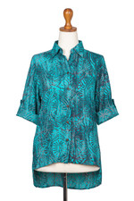 Batik rayon hi-low blouse, 'Green Glyphs' - Rayon Batik Long Sleeve Green-Blue Hi-Low Button Blouse