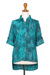 Batik rayon hi-low blouse, 'Green Glyphs' - Rayon Batik Long Sleeve Green-Blue Hi-Low Button Blouse (image 2a) thumbail