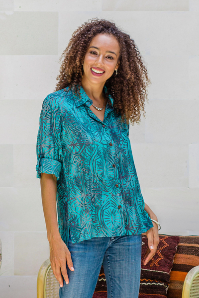 Batik rayon hi-low blouse, 'Green Glyphs' - Rayon Batik Long Sleeve Green-Blue Hi-Low Button Blouse