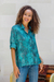 Batik rayon hi-low blouse, 'Green Glyphs' - Rayon Batik Long Sleeve Green-Blue Hi-Low Button Blouse (image 2b) thumbail