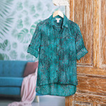 Batik rayon hi-low blouse, 'Green Glyphs' - Rayon Batik Long Sleeve Green-Blue Hi-Low Button Blouse