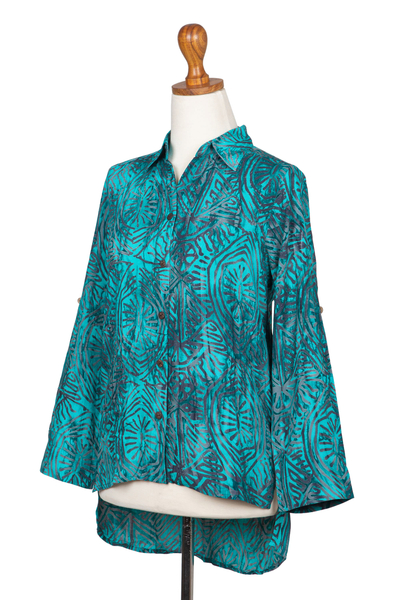 Batik rayon hi-low blouse, 'Green Glyphs' - Rayon Batik Long Sleeve Green-Blue Hi-Low Button Blouse