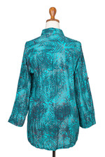 Batik rayon hi-low blouse, 'Green Glyphs' - Rayon Batik Long Sleeve Green-Blue Hi-Low Button Blouse