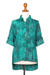Batik rayon hi-low blouse, 'Green Glyphs' - Rayon Batik Long Sleeve Green-Blue Hi-Low Button Blouse (image 2f) thumbail