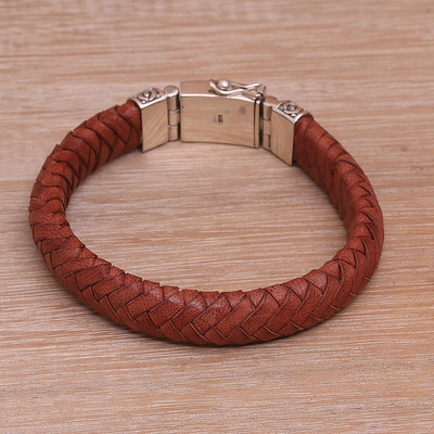 Leather wristband bracelet, Tranquil Weave in Orange