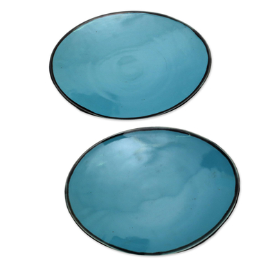 Ceramic plates, 'Sky Blue Ellipses' (pair) - Elliptical Ceramic Plates in Sky Blue from Bali (Pair)