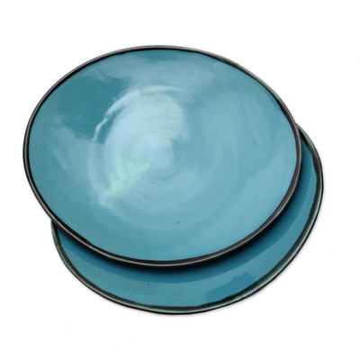 Ceramic plates, 'Sky Blue Ellipses' (pair) - Elliptical Ceramic Plates in Sky Blue from Bali (Pair)