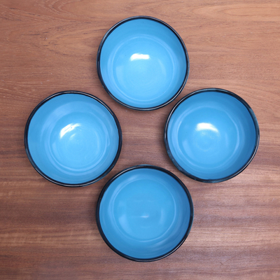 Ceramic bowls, 'Blue Antiquity' (set of 4) - Round Blue Ceramic Bowls from Indonesia (Set of 4)