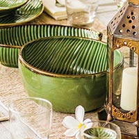 Ceramic serving bowl, 'Banana Vibes' (9 inch) - Handcrafted Green Banana Leaf Ceramic Serving Bowl (9 Inch)