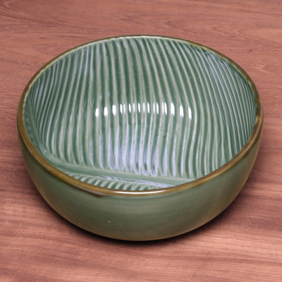 Ceramic serving bowl, 'Banana Vibes' (9 inch) - Handcrafted Green Banana Leaf Ceramic Serving Bowl (9 Inch)