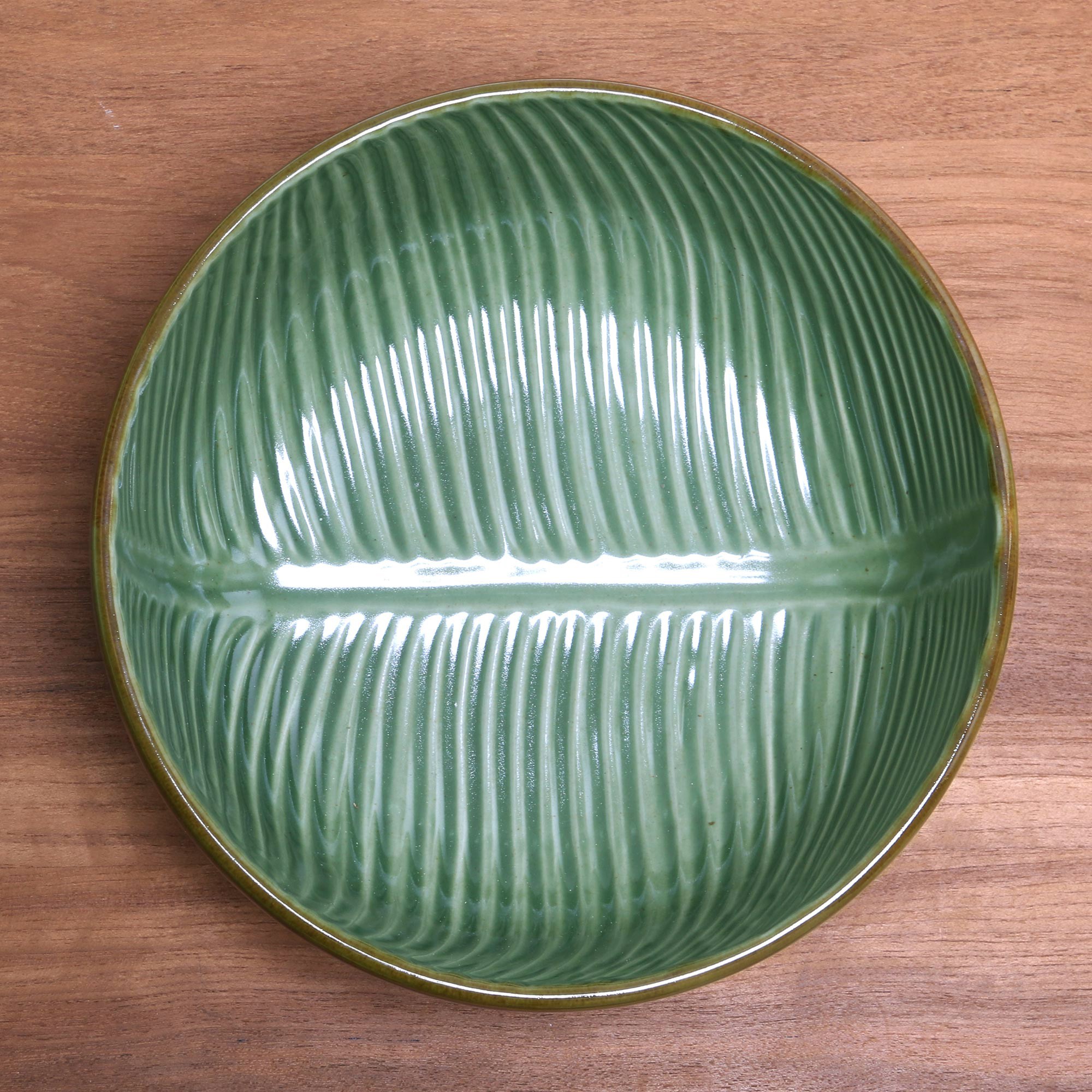 UNICEF Market Handcrafted Green Banana Leaf Ceramic Serving Bowl (9